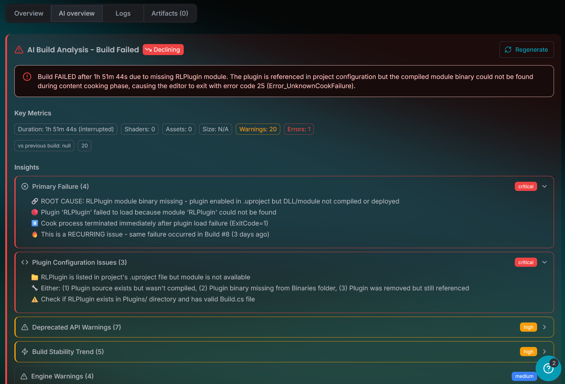 Speedrun's AI Build Analysis showing root cause, plugin issues, and warnings categorized by severity