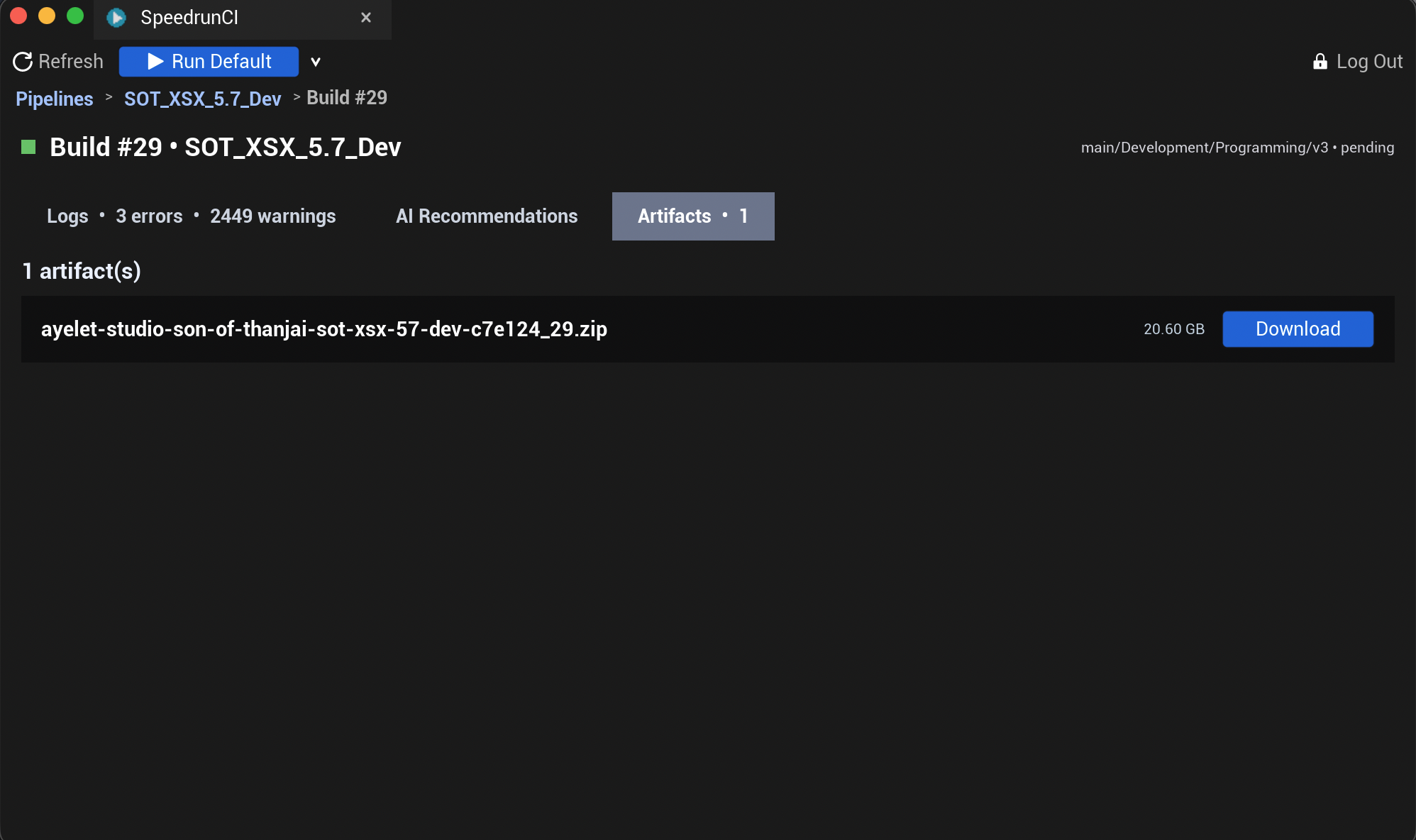 A finished Xbox Series X build artifact, 20.6 GB, ready to download from SpeedrunCI