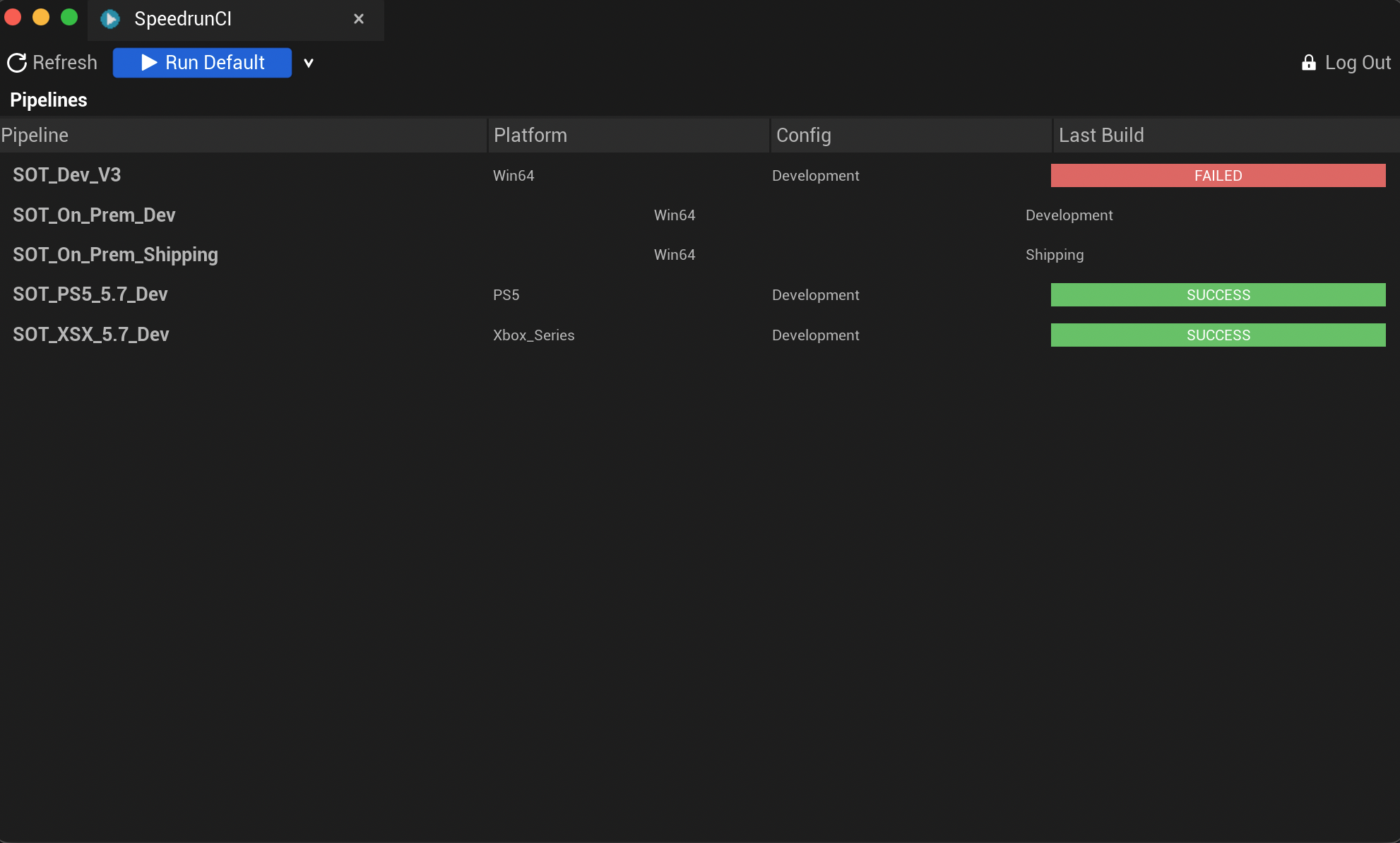 The SpeedrunCI panel showing build pipelines for Win64, on-prem, PS5, and Xbox Series, each with its last build status