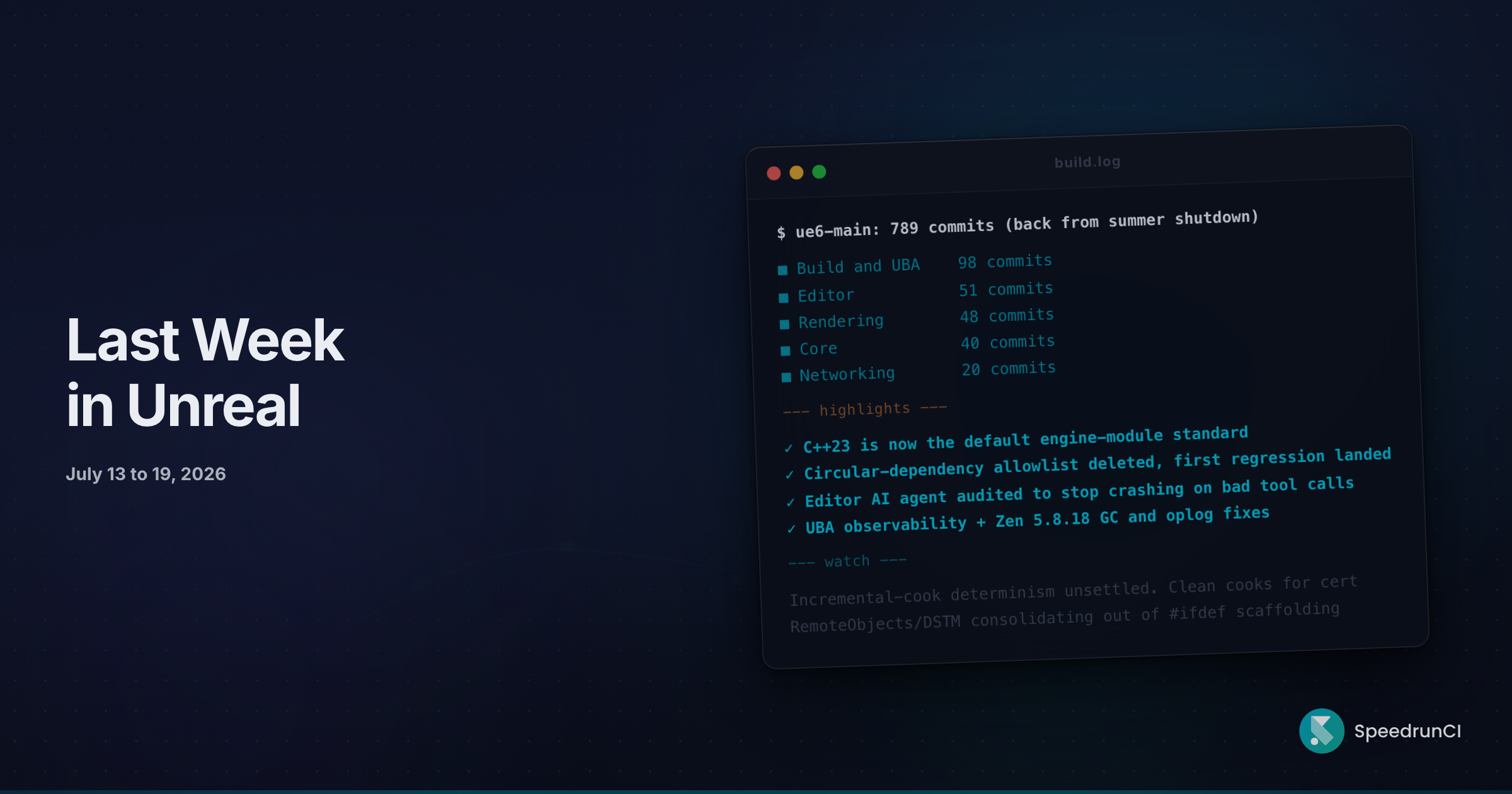 Last Week in Unreal: C++23 Becomes the Default and the Editor’s AI Agent Gets Bolted Down (July 13 to 19, 2026)
